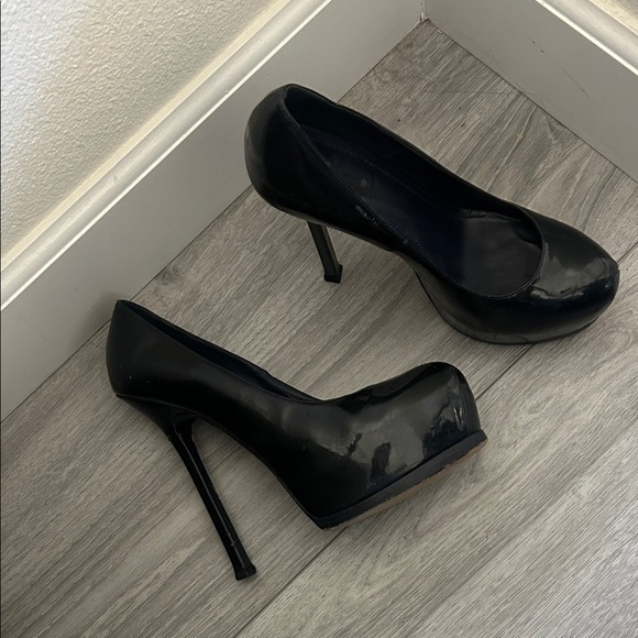 Yves Saint Laurent Glossy Black Blue Tribute Platform Heels 39 - Picture 1 of 9